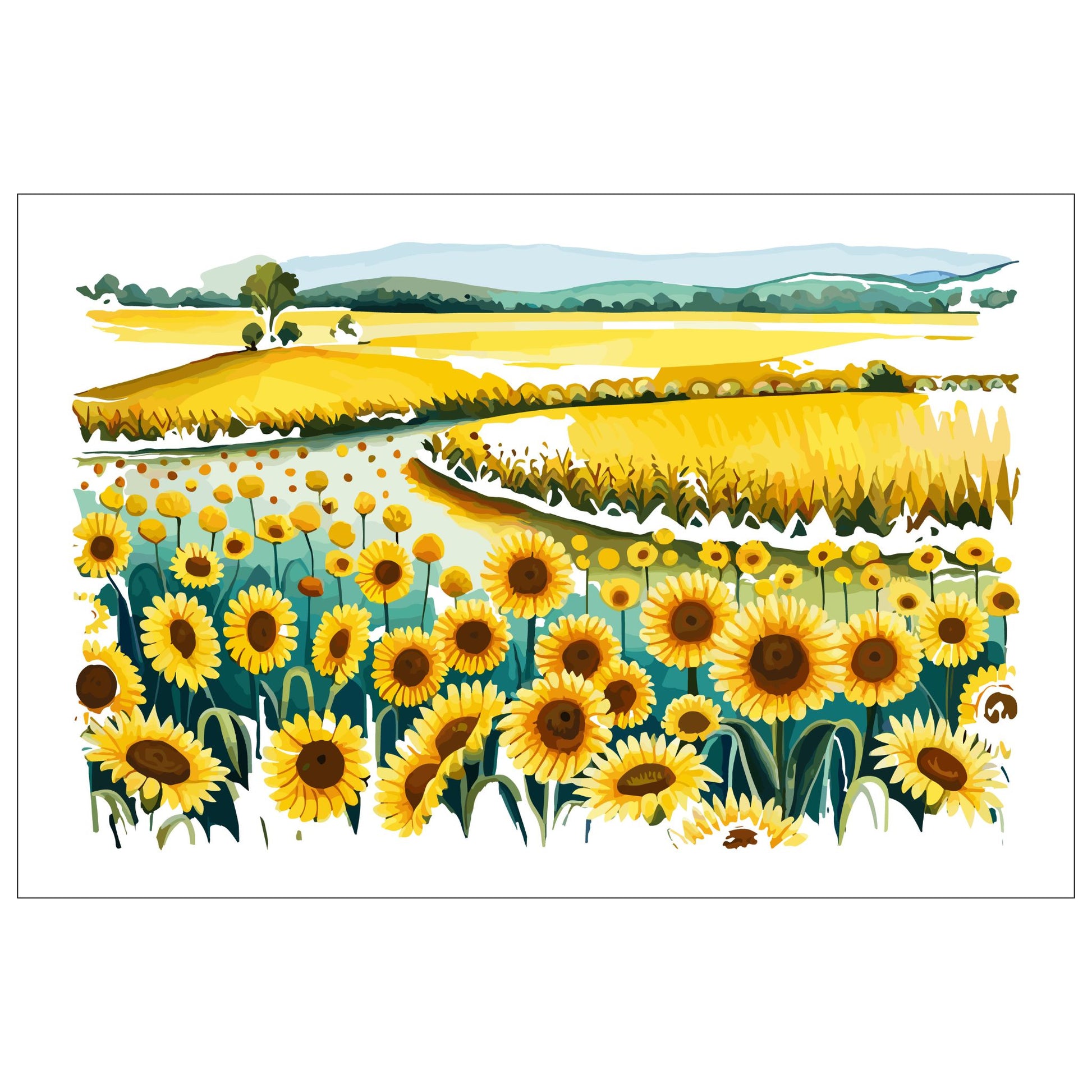 Opplev skjønnheten i naturen med "Sunflower Fields" plakat fra vår unike serie grafiske akvarellmalerier.  