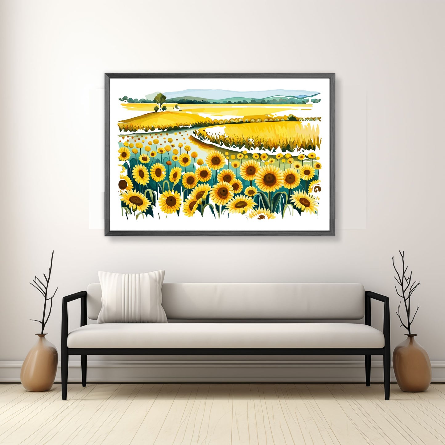 Opplev skjønnheten i naturen med "Sunflower Fields" plakat fra vår unike serie grafiske akvarellmalerier.  Illustrasjonsfoto viser plakat i mørk grå ramme.