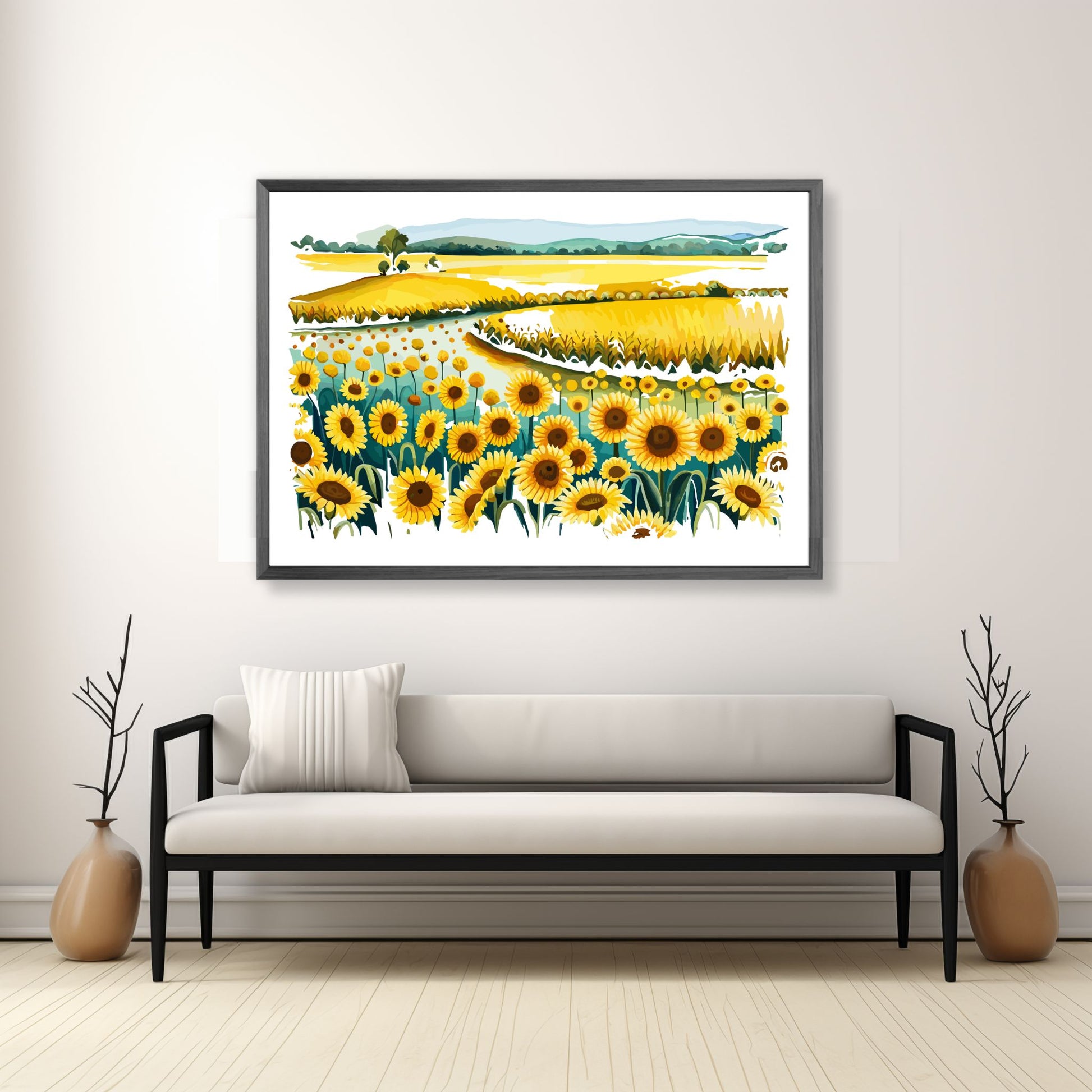 Opplev skjønnheten i naturen med "Sunflower Fields" plakat fra vår unike serie grafiske akvarellmalerier.  Illustrasjonsfoto viser plakat i mørk grå ramme.