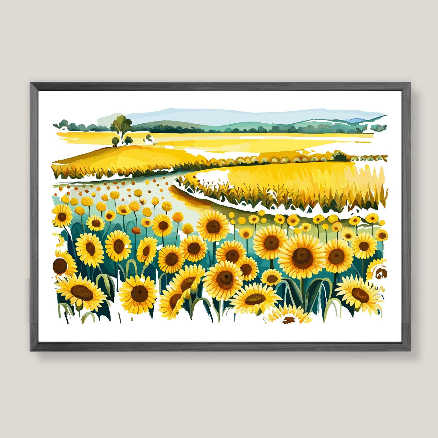 Opplev skjønnheten i naturen med "Sunflower Fields" plakat fra vår unike serie grafiske akvarellmalerier.  Illustrasjonsfoto viser plakat i mørk grå ramme.