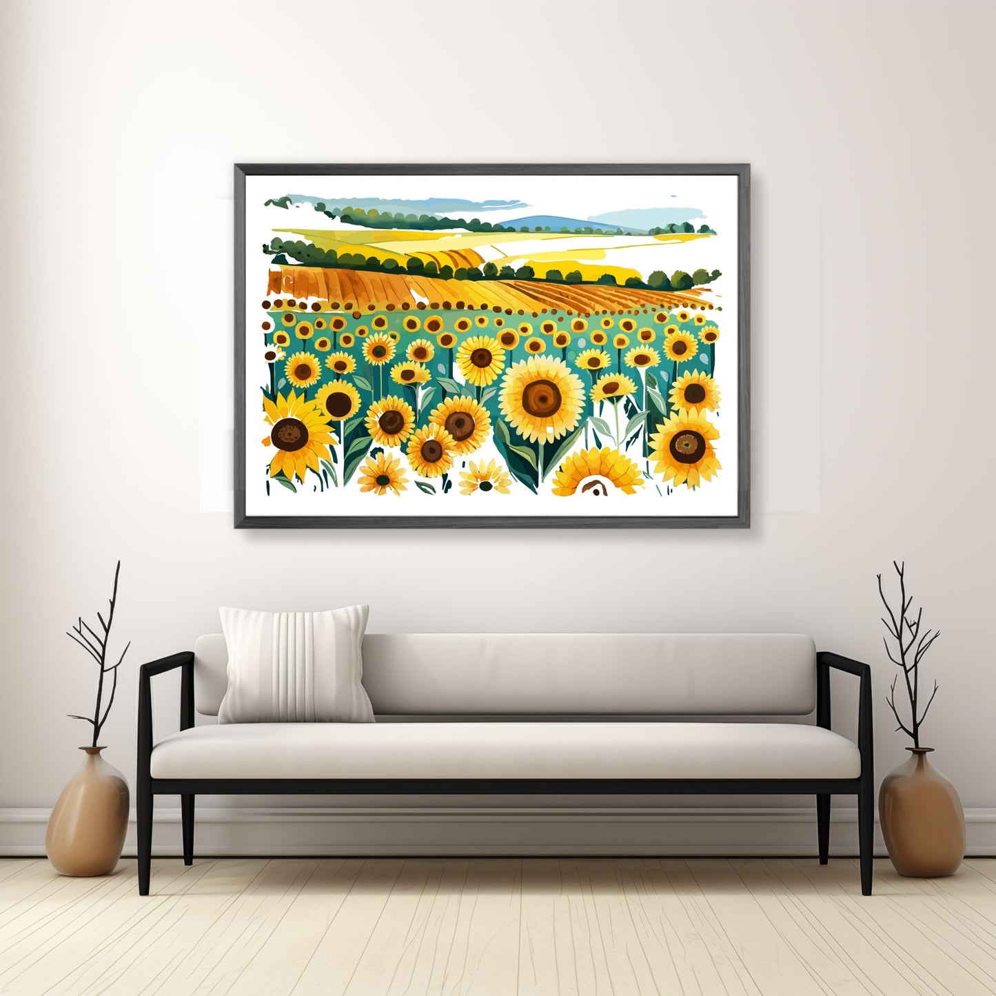 Opplev skjønnheten i naturen med "Sunflower Fields" plakat fra vår unike serie grafiske akvarellmalerier.  Illustrasjonsfoto viser plakat i mørk grå ramme.