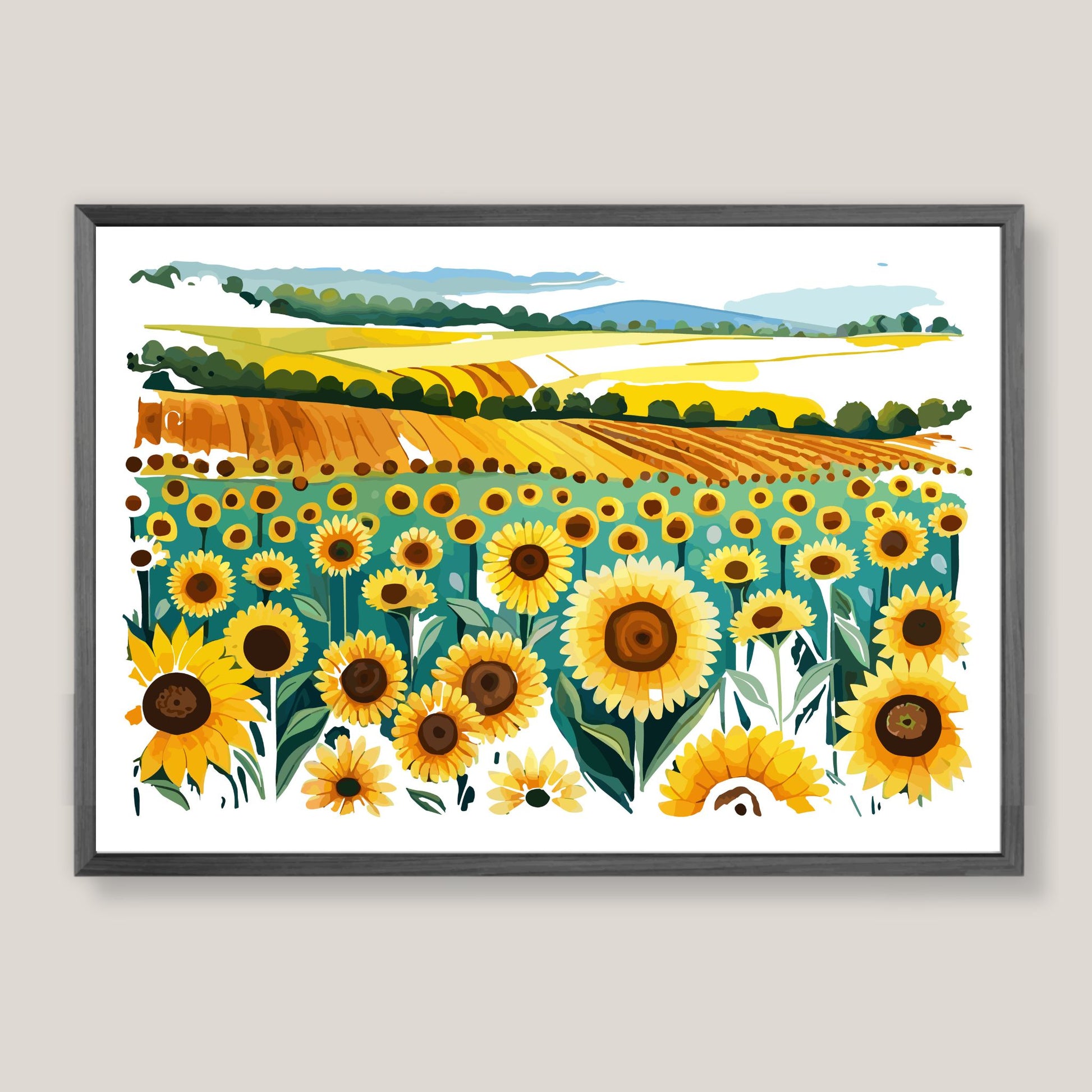 Opplev skjønnheten i naturen med "Sunflower Fields" plakat fra vår unike serie grafiske akvarellmalerier.  Illustrasjonsfoto viser plakat i mørk grå ramme.