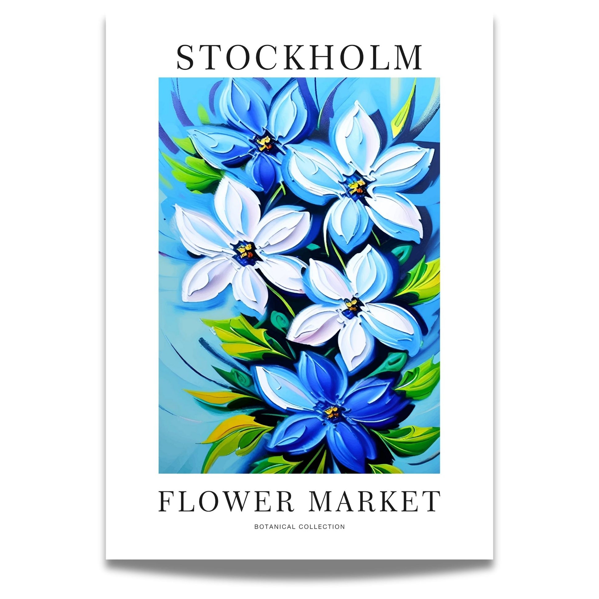 Denne elegante plakaten fremhever en kunstnerisk tolkning av blå og hvite blomster mot en beroligende blå bakgrunn, inspirert av Stockholms naturlige skjønnhet.