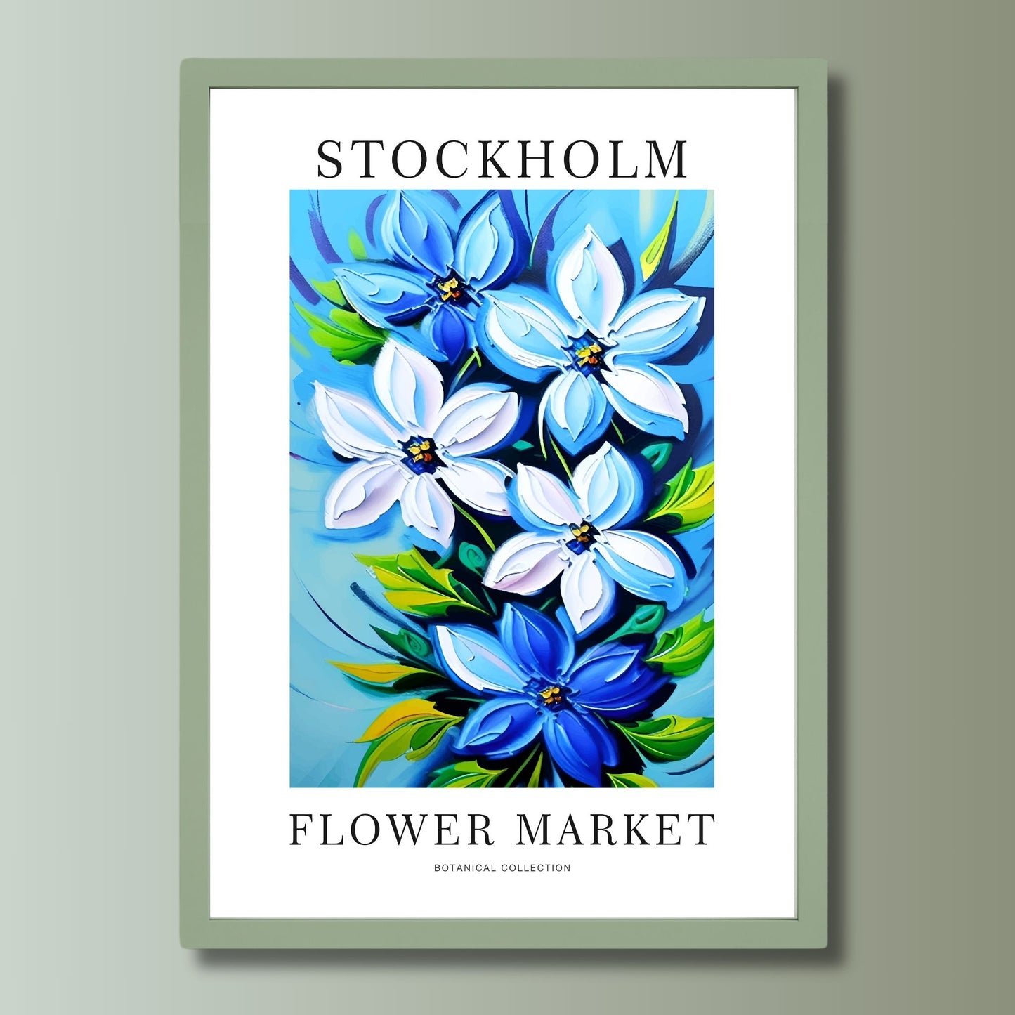 Denne elegante plakaten fremhever en kunstnerisk tolkning av blå og hvite blomster mot en beroligende blå bakgrunn, inspirert av Stockholms naturlige skjønnhet. Illustrasjon viser plakat i grønn ramme.