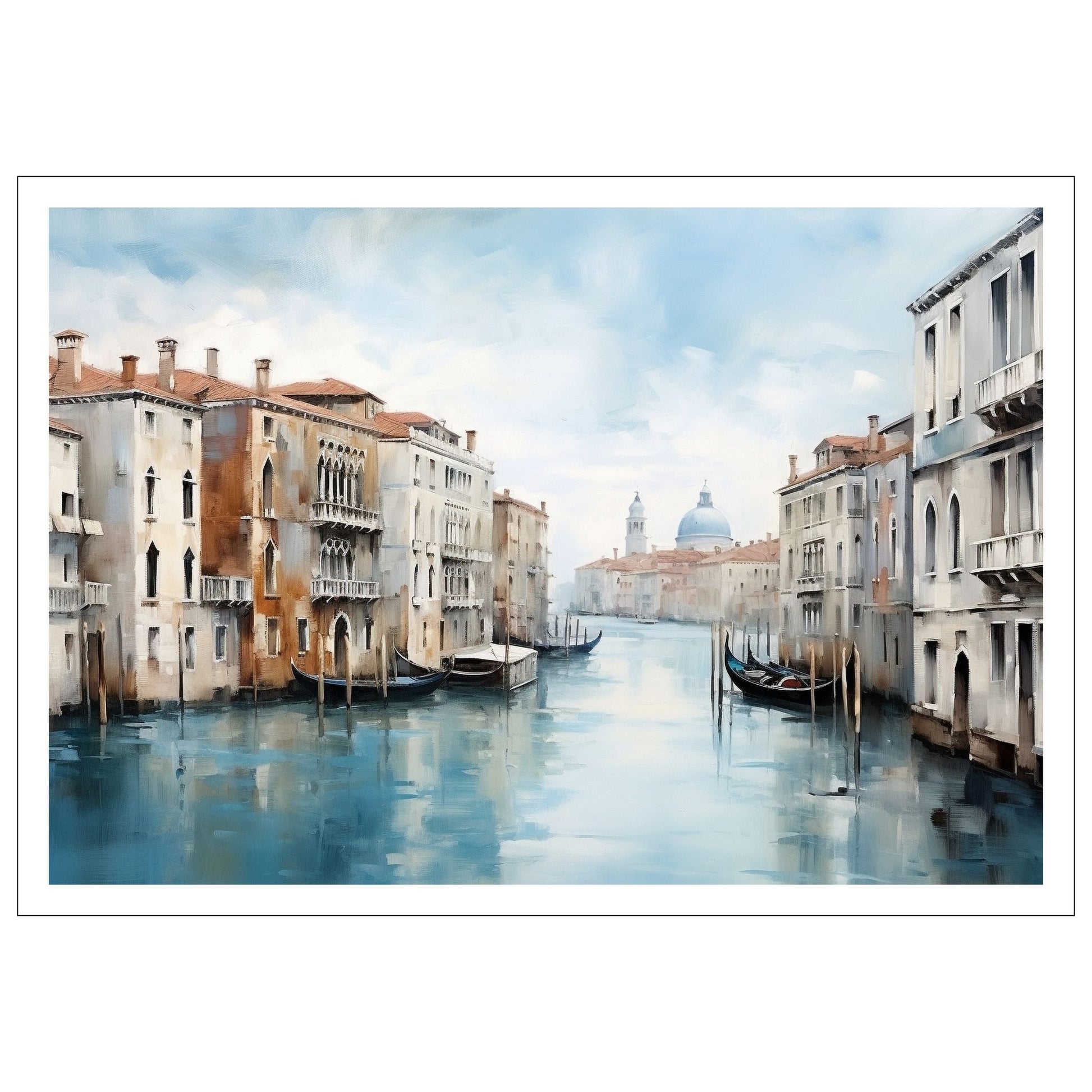 Grafisk maleri. Utforsk den romantiske skjønnheten med vår Venezia plakat og lerret. Dykk inn i det pulserende hjertet av Italia mens du tar inn synet av gondoler som ligger i kanalene og de fargerike bygningene som speiler seg i det stille vannet. 