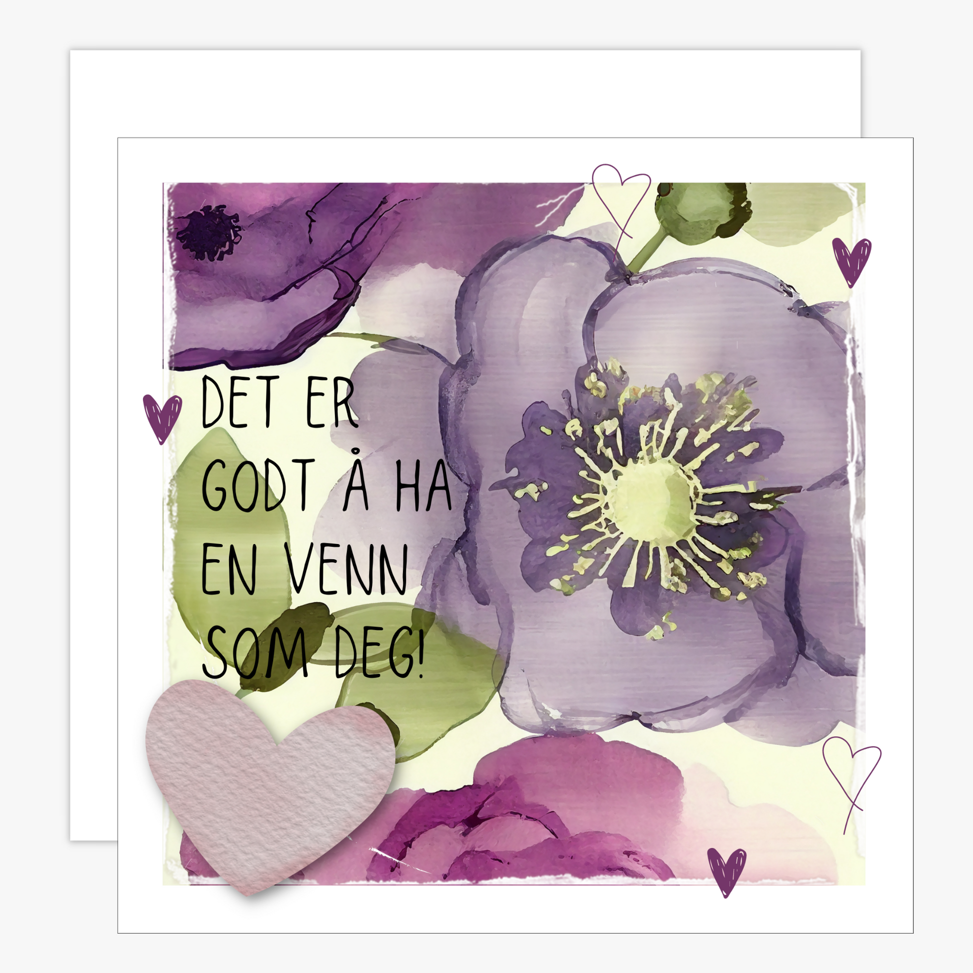 Kort med tekst "Det er godt  ha en venn som deg" - med lilla blomster og grønne blader på beige bakgrunn.  Konvolutt er inkludert.